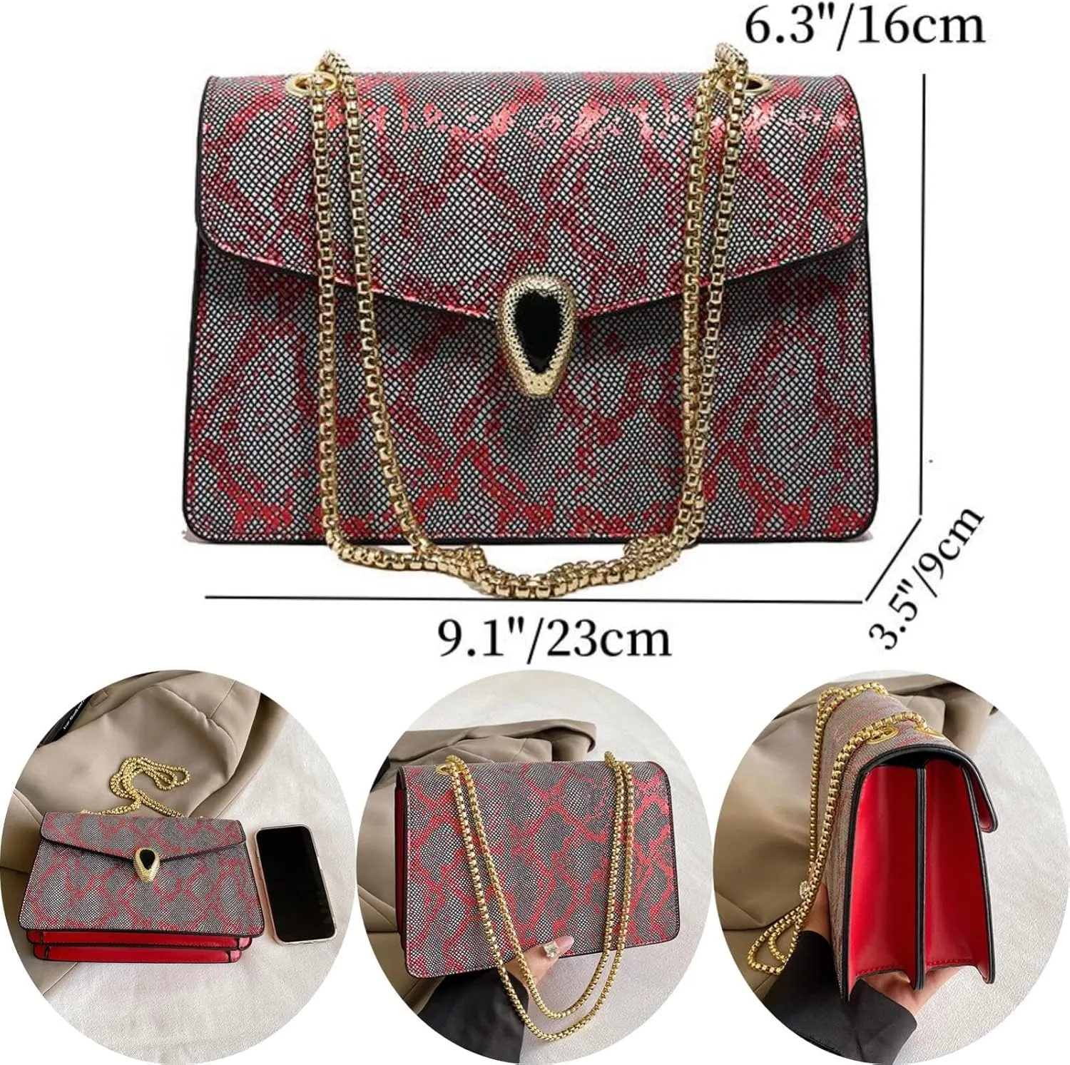 Crossbody Bags for Women Snake Printed Chain Shoulder Bags Trendy Handbags Clutch Purses