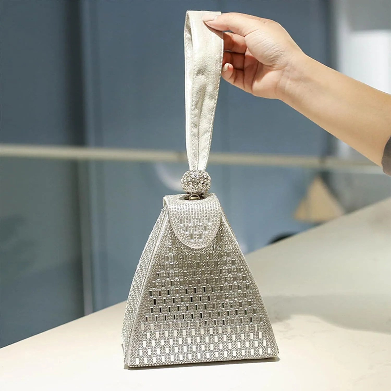 Crystal Pyramid Handbag, Rhinestones Luxury Evening Bags, Rhinestone Triangle Geometric Clutch Purse