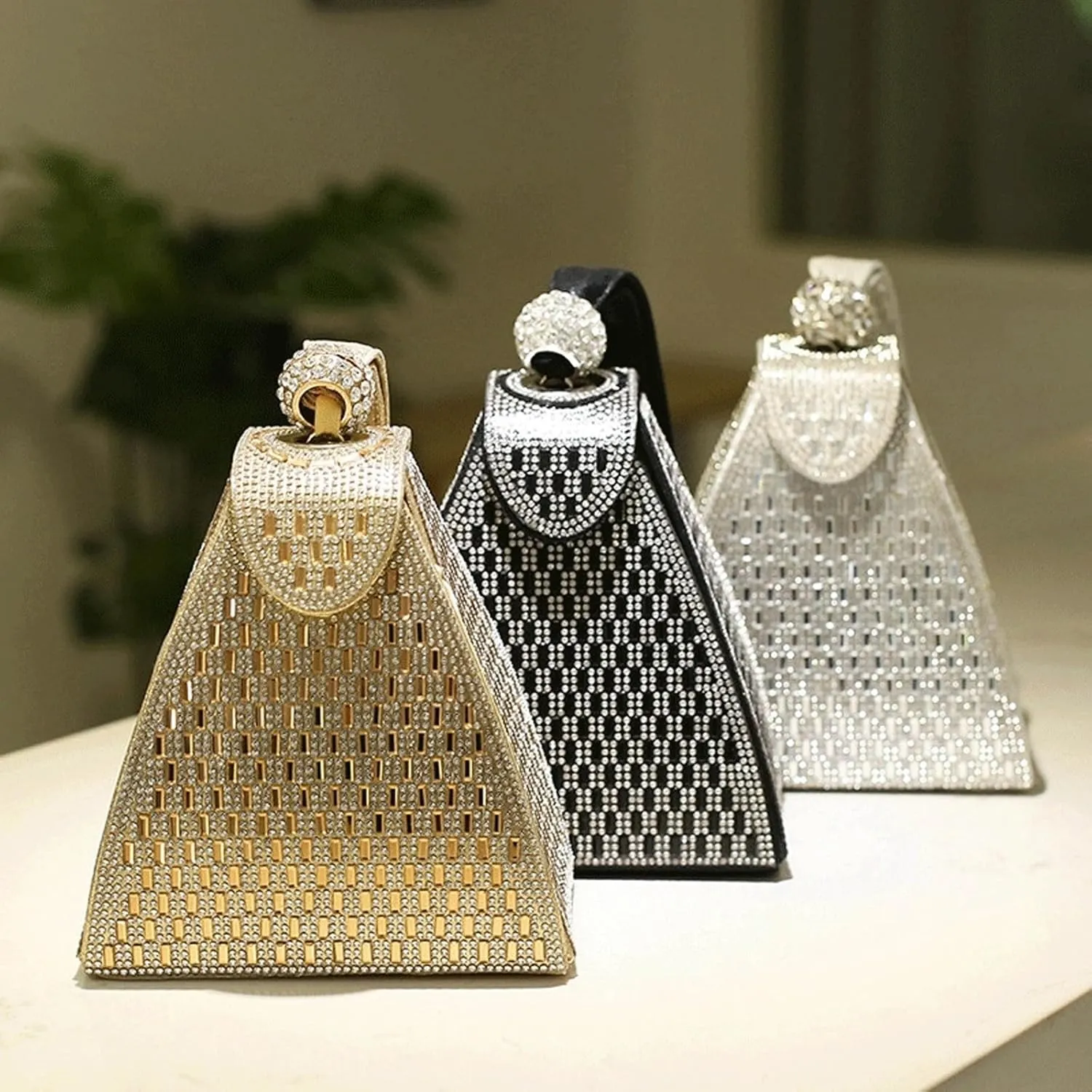 Crystal Pyramid Handbag,Triangle Geometric Rhinestone Luxury Evening Clutch Purse,Elegant Sparkling Bag for Ladies