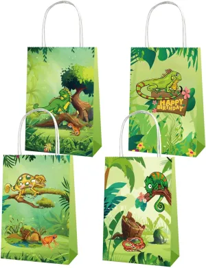 CrzPai 16pcs Lizard Party Favor Bags, Reptile Birthday Party Supplies with Handles, Green Cartoon Lizard Gift Bags, 8.27 * 6.29 * 3.15 in