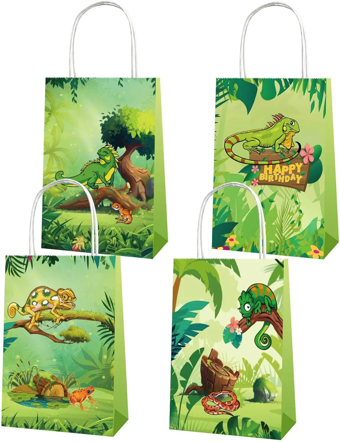 CrzPai 16pcs Lizard Party Favor Bags, Reptile Birthday Party Supplies with Handles, Green Cartoon Lizard Gift Bags, 8.27 * 6.29 * 3.15 in