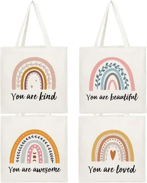 Cunno 4 Pcs Rainbow Canvas Bag Employee Teacher Inspirational Gifts Boho Tote Bag Thank You Gift for Teacher Reusable Canvas Bag for Women BFF Birthday Favors