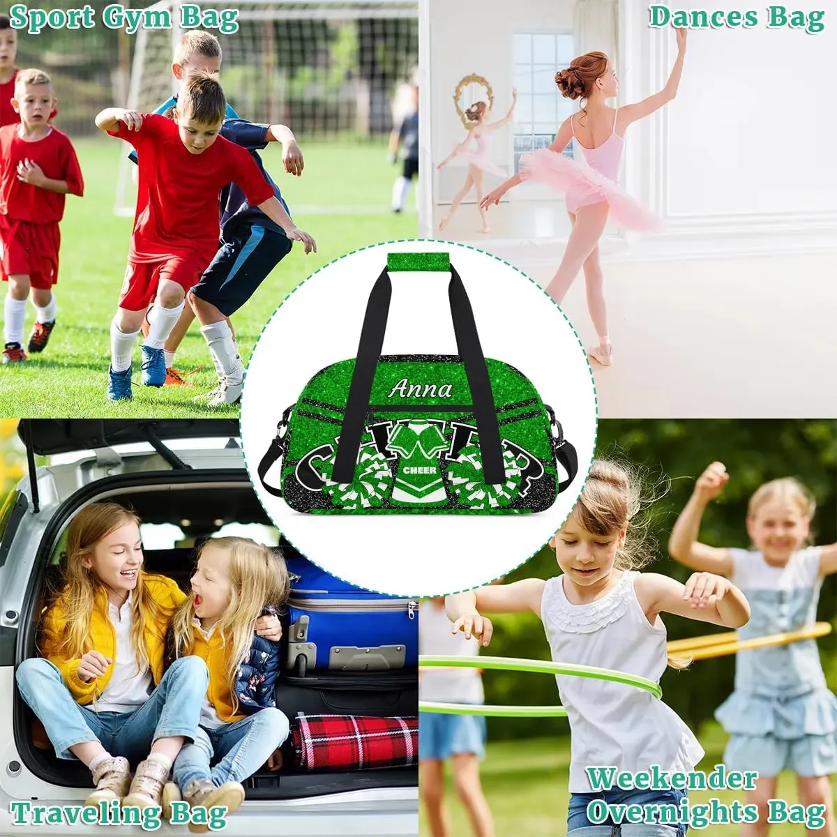 Custom Cheer Sport Gym Bags, Personalized Name Overnight Duffel Bags for Boys Girls Weekender Bag Dance Travel Tote Bags, Glitter Green