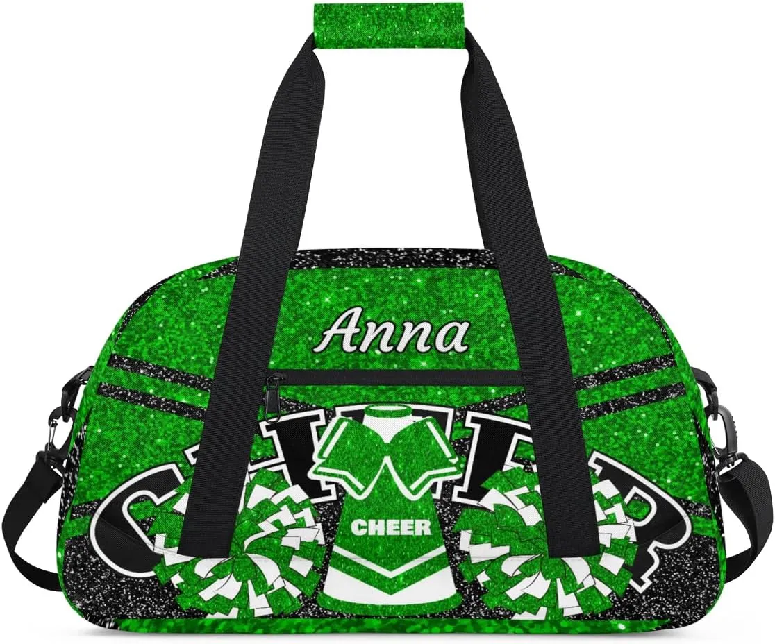 Custom Cheer Sport Gym Bags, Personalized Name Overnight Duffel Bags for Boys Girls Weekender Bag Dance Travel Tote Bags, Glitter Green