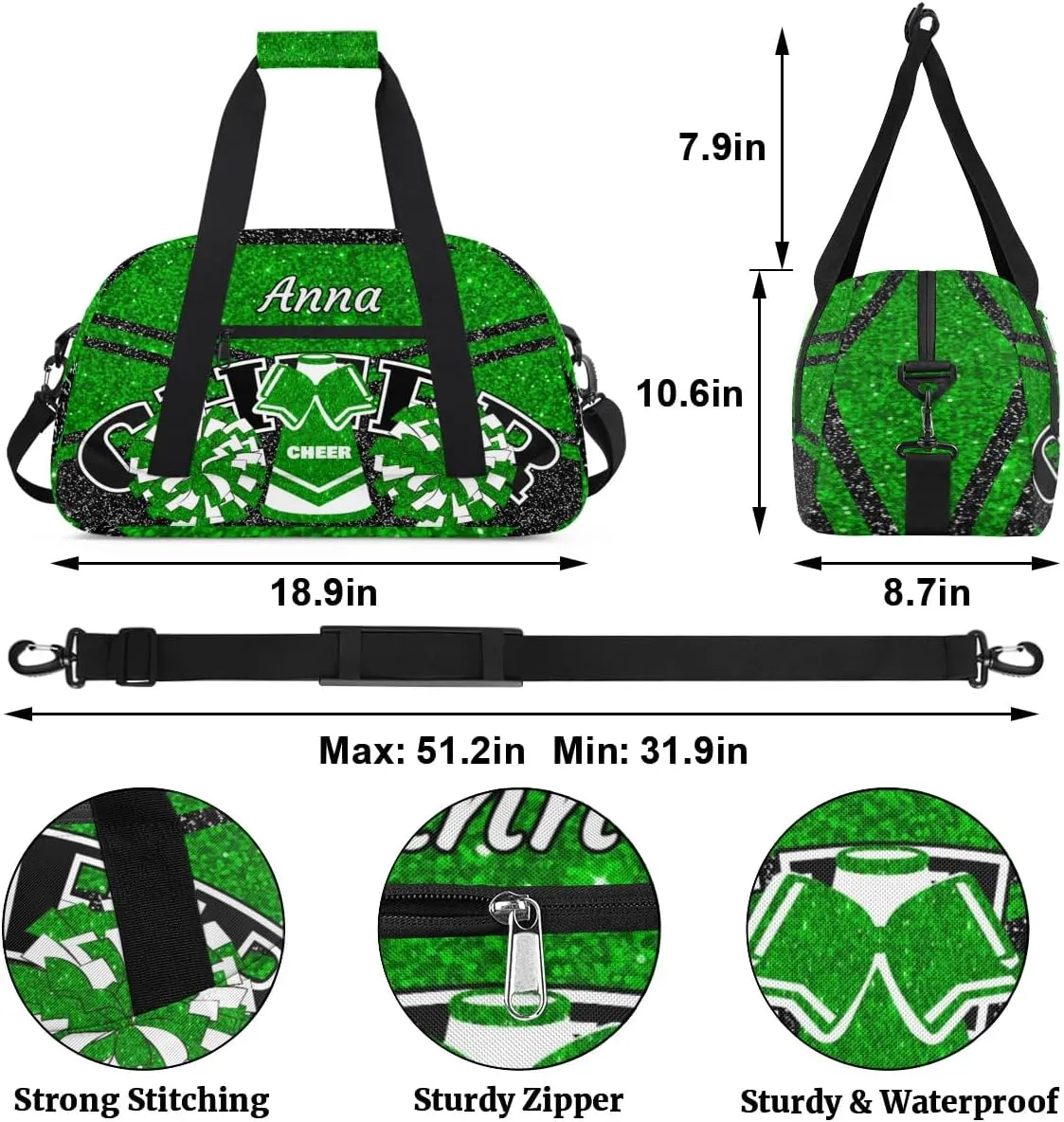 Custom Cheer Sport Gym Bags, Personalized Name Overnight Duffel Bags for Boys Girls Weekender Bag Dance Travel Tote Bags, Glitter Green