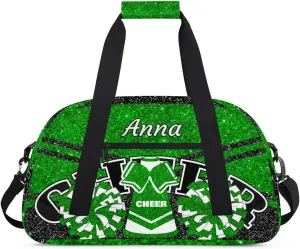 Custom Cheer Sport Gym Bags, Personalized Name Overnight Duffel Bags for Boys Girls Weekender Bag Dance Travel Tote Bags, Glitter Green