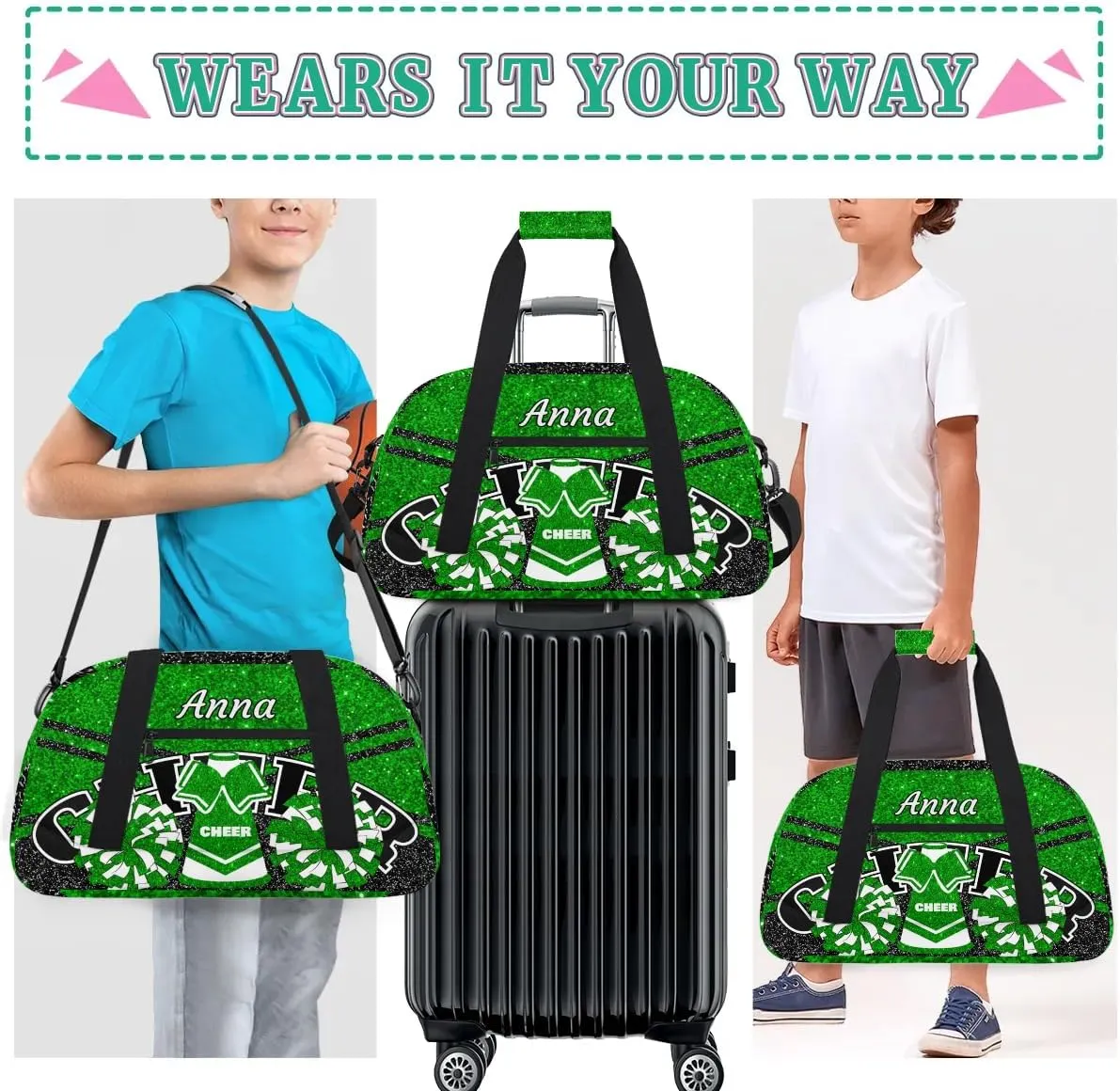 Custom Cheer Sport Gym Bags, Personalized Name Overnight Duffel Bags for Boys Girls Weekender Bag Dance Travel Tote Bags, Glitter Green