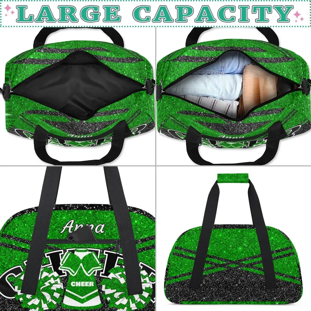 Custom Cheer Sport Gym Bags, Personalized Name Overnight Duffel Bags for Boys Girls Weekender Bag Dance Travel Tote Bags, Glitter Green