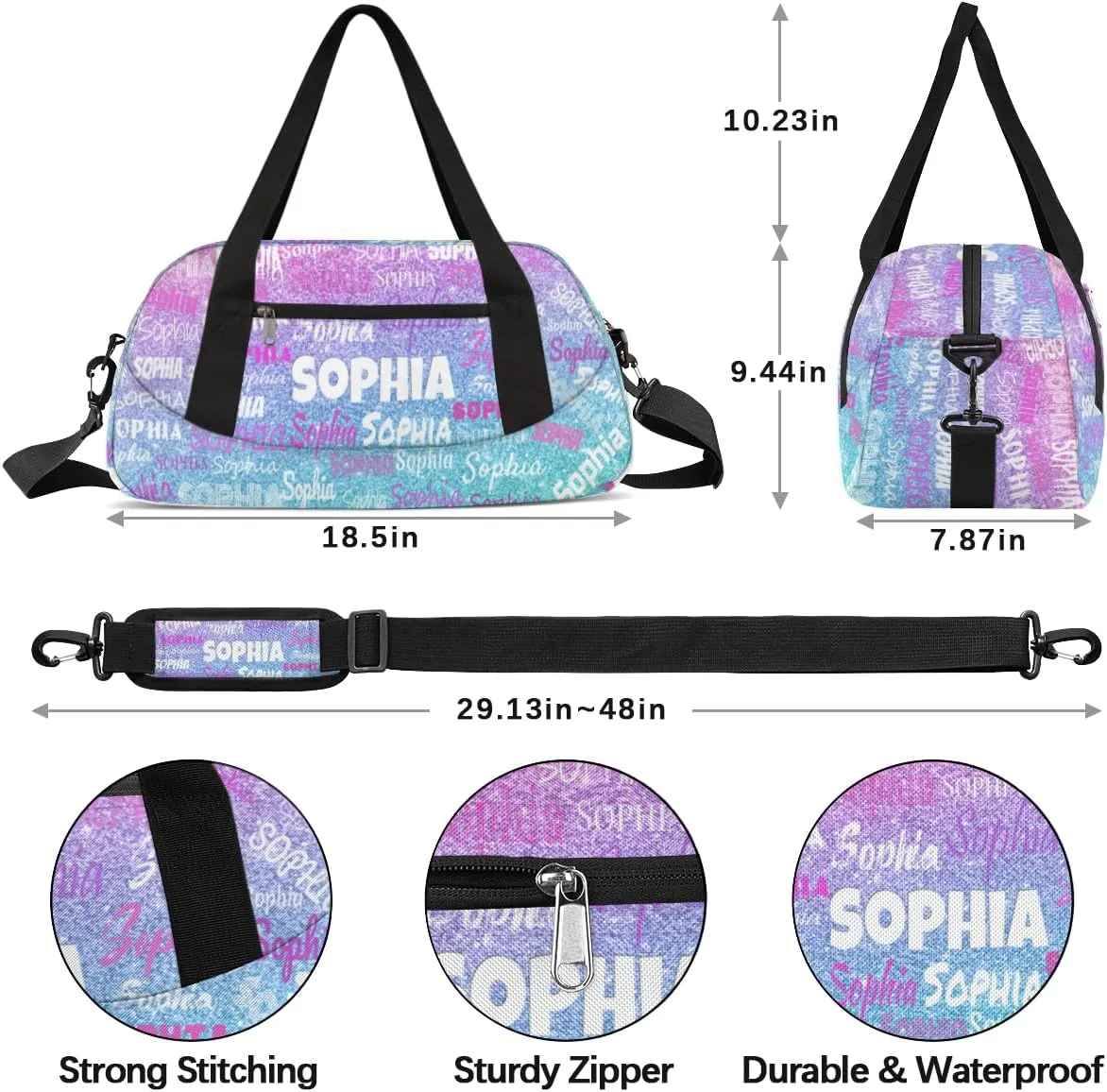 Custom Dance Bag for Girls, Personalized Kids Gym Bag Customized Travel Duffel Bag Name Ranked, Pink and Blue Glitters Sequins