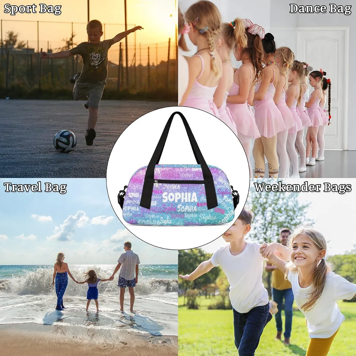 Custom Dance Bag for Girls, Personalized Kids Gym Bag Customized Travel Duffel Bag Name Ranked, Pink and Blue Glitters Sequins