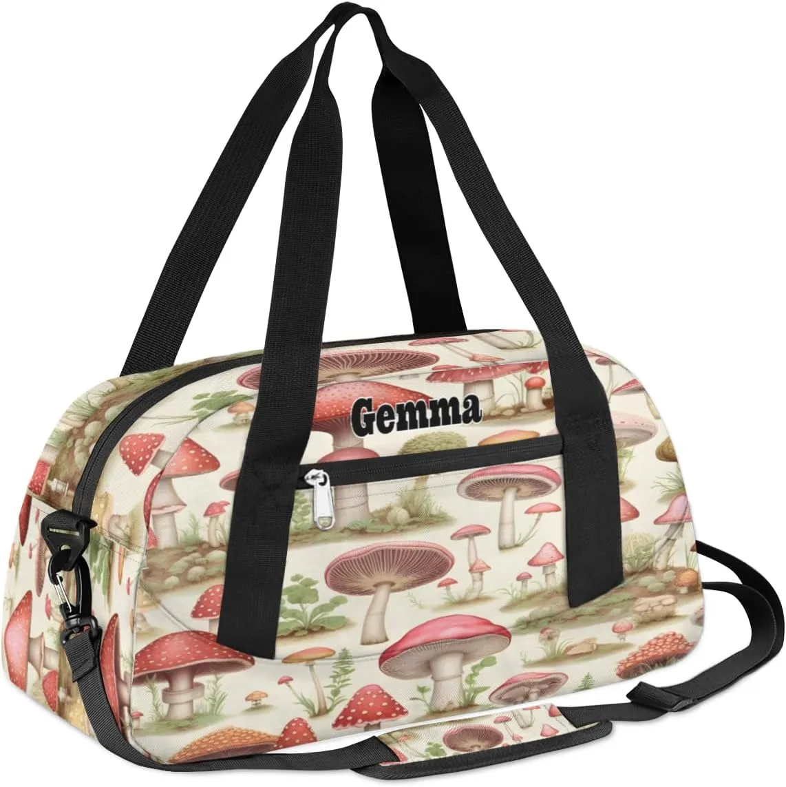 Custom Dance Bag for Girls, Personalized Kids Gym Bag Customized Travel Duffel Bag Name, Red Mushroom Green Grass
