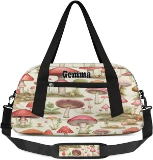 Custom Dance Bag for Girls, Personalized Kids Gym Bag Customized Travel Duffel Bag Name, Red Mushroom Green Grass