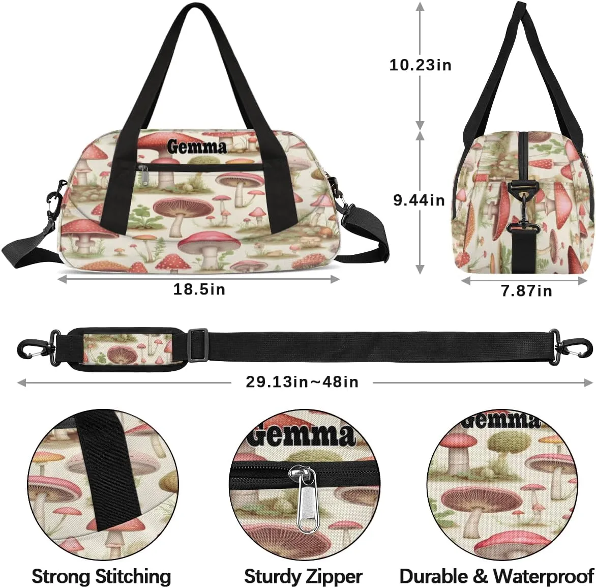 Custom Dance Bag for Girls, Personalized Kids Gym Bag Customized Travel Duffel Bag Name, Red Mushroom Green Grass