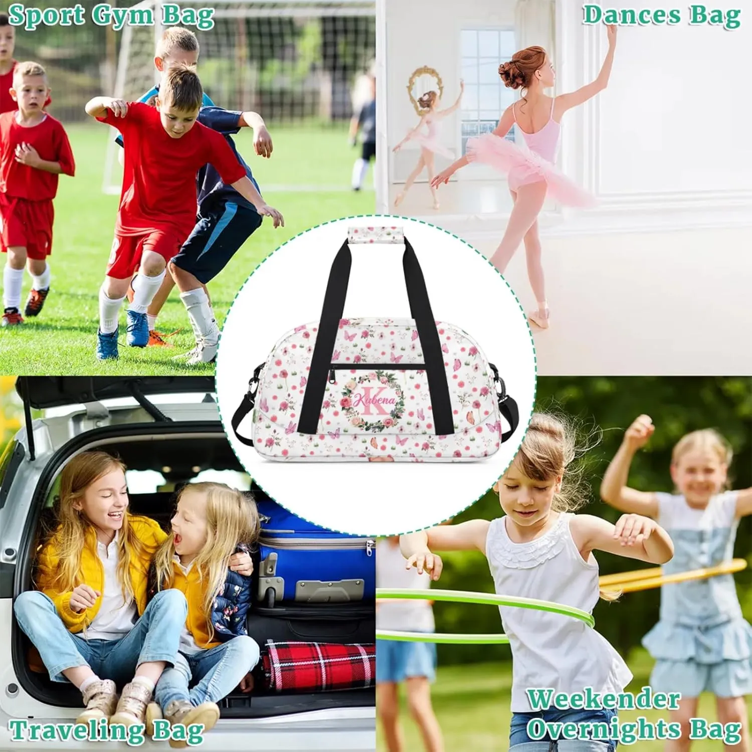 Custom Dance-Ballet-Bags Girls Flower Butterfly Duffel-Bags, Personalized Kids Sport Gym Duffel Bags With Name Initial for Travel Weekender