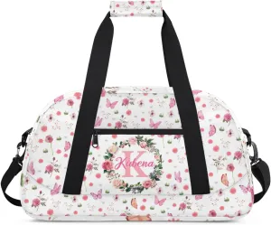 Custom Dance-Ballet-Bags Girls Flower Butterfly Duffel-Bags, Personalized Kids Sport Gym Duffel Bags With Name Initial for Travel Weekender