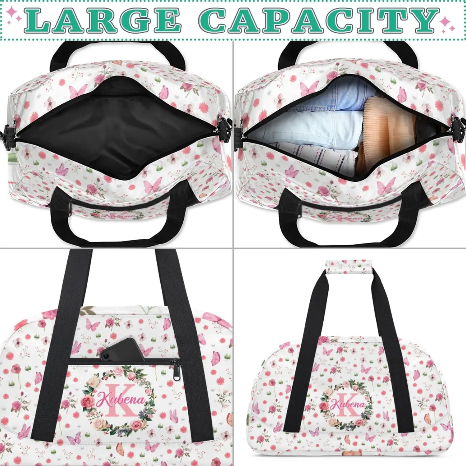 Custom Dance-Ballet-Bags Girls Flower Butterfly Duffel-Bags, Personalized Kids Sport Gym Duffel Bags With Name Initial for Travel Weekender