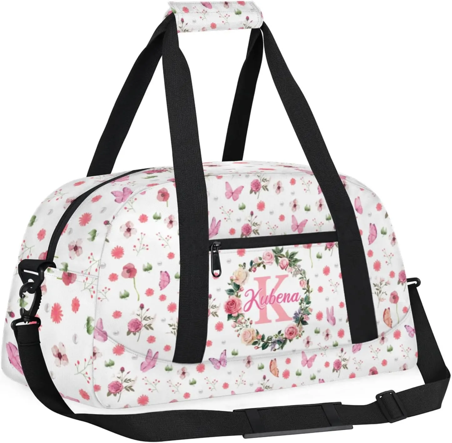 Custom Dance-Ballet-Bags Girls Flower Butterfly Duffel-Bags, Personalized Kids Sport Gym Duffel Bags With Name Initial for Travel Weekender