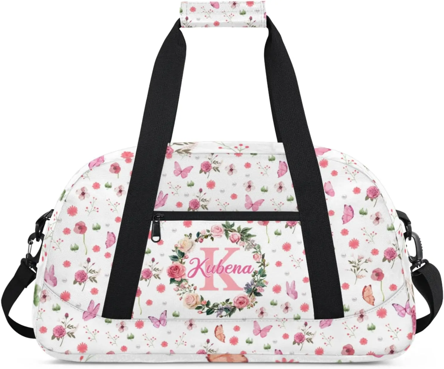Custom Dance-Ballet-Bags Girls Flower Butterfly Duffel-Bags, Personalized Kids Sport Gym Duffel Bags With Name Initial for Travel Weekender