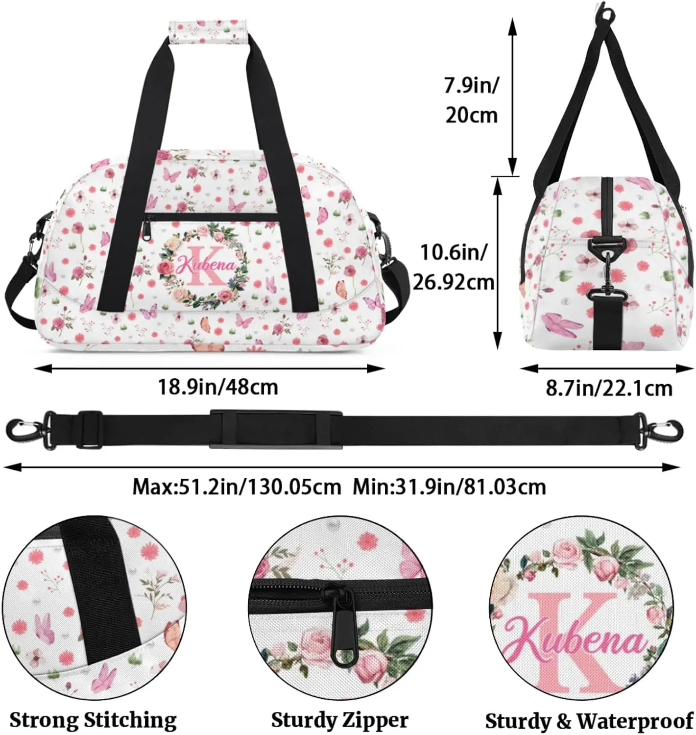 Custom Dance-Ballet-Bags Girls Flower Butterfly Duffel-Bags, Personalized Kids Sport Gym Duffel Bags With Name Initial for Travel Weekender