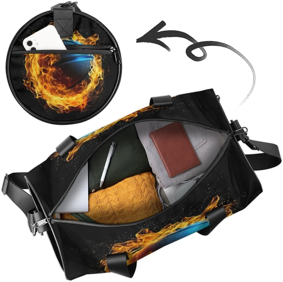 Custom Dance Duffel Bag Sport Backpacks Gyms and Weekend Overnight Travel Duffle Bag Birthday Christmas Halloween Waterproof, Flaming Basketball Sport