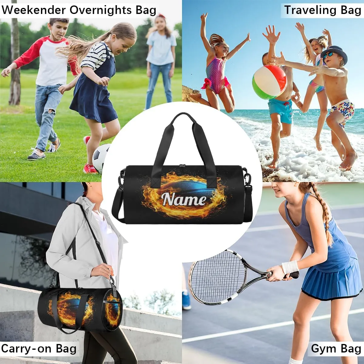 Custom Dance Duffel Bag Sport Backpacks Gyms and Weekend Overnight Travel Duffle Bag Birthday Christmas Halloween Waterproof, Flaming Basketball Sport