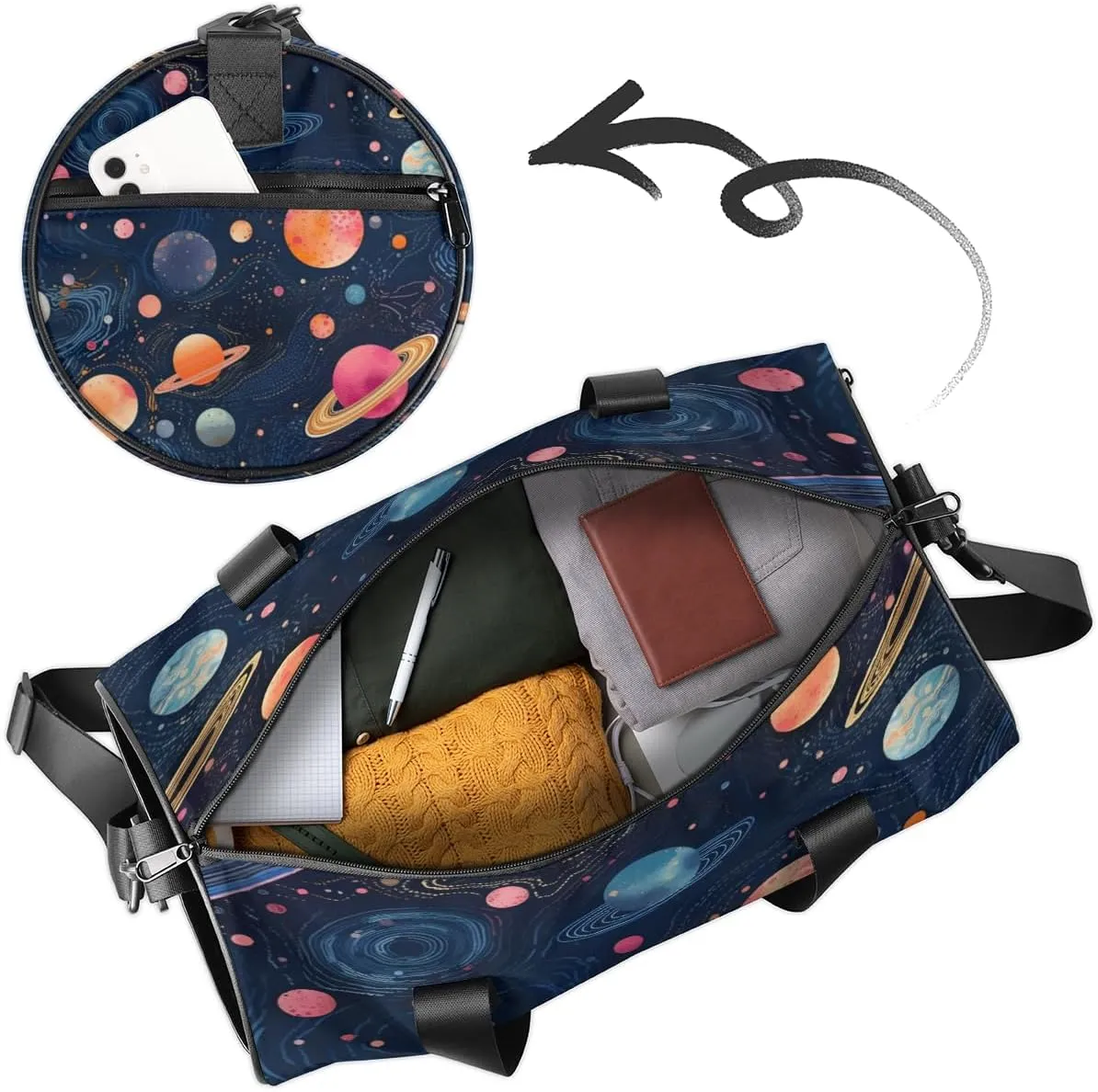 Custom Dance Duffel Bag Sport Backpacks Gyms and Weekend Overnight Travel Duffle Bag Birthday Christmas Halloween Waterproof, Space Planets
