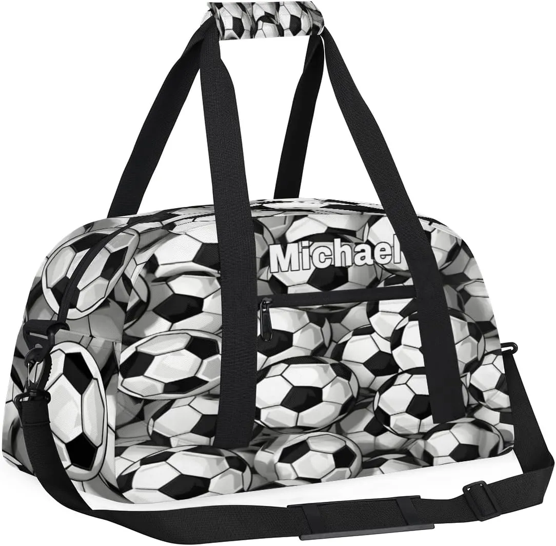 Custom Gym Bag Ball for Kids Boys, Personalized Sports Gym Bag for Teens Men Waterproof Weekender Carry Practice Travel Player Training Bag, Soccer Football Pattern Black White