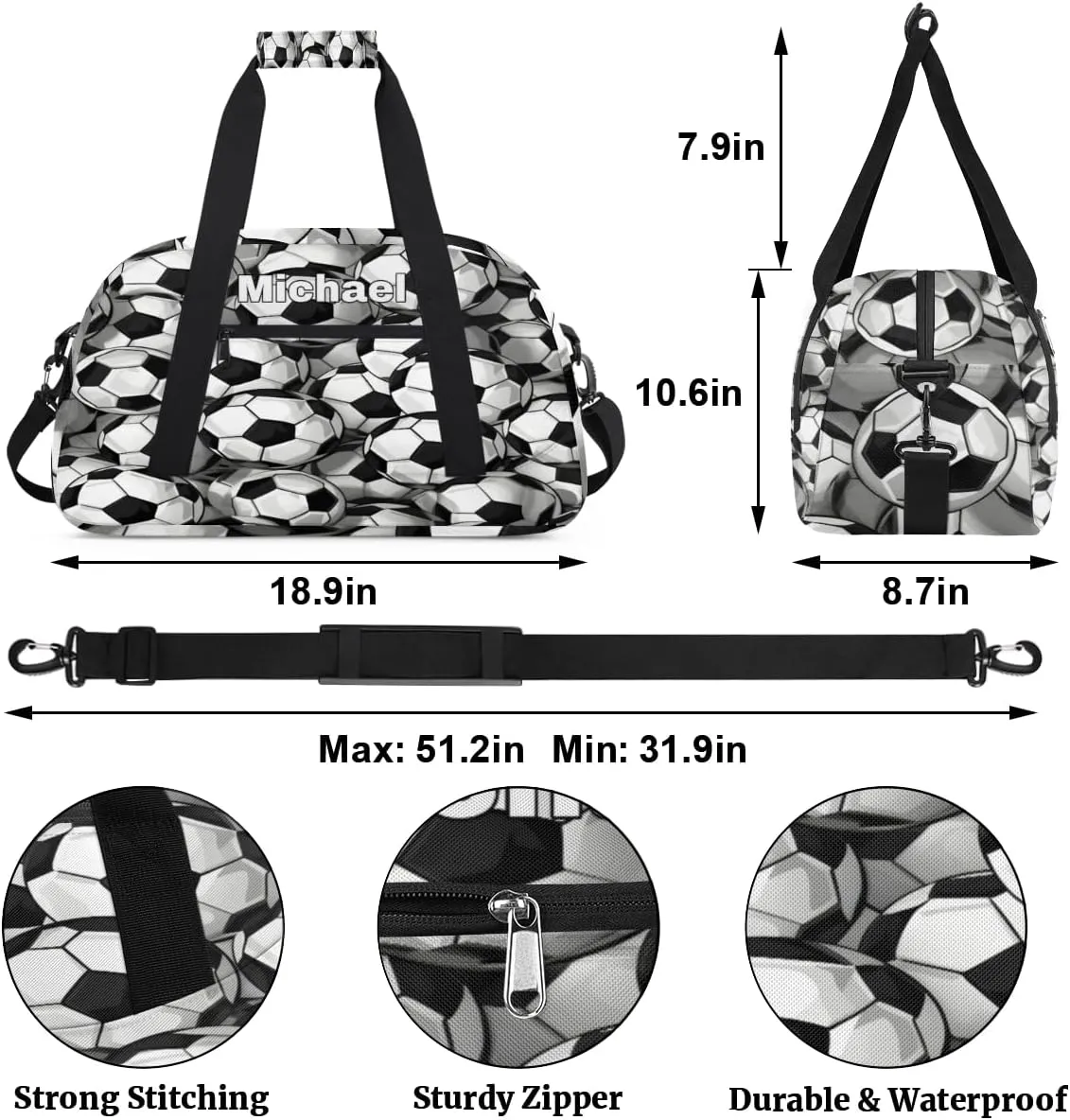 Custom Gym Bag Ball for Kids Boys, Personalized Sports Gym Bag for Teens Men Waterproof Weekender Carry Practice Travel Player Training Bag, Soccer Football Pattern Black White