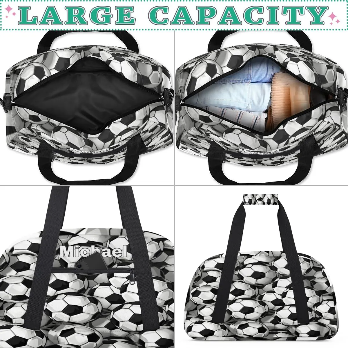 Custom Gym Bag Ball for Kids Boys, Personalized Sports Gym Bag for Teens Men Waterproof Weekender Carry Practice Travel Player Training Bag, Soccer Football Pattern Black White