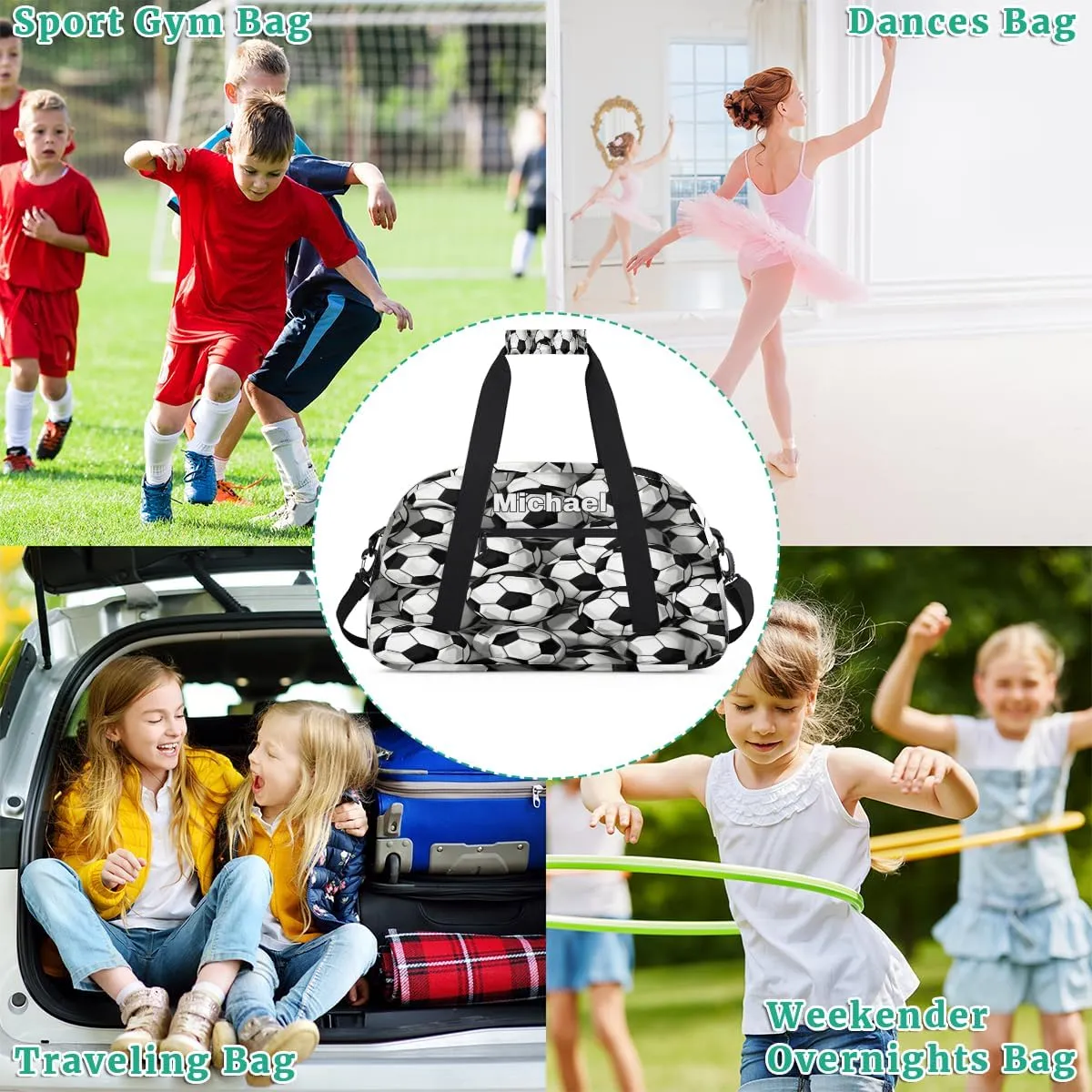 Custom Gym Bag Ball for Kids Boys, Personalized Sports Gym Bag for Teens Men Waterproof Weekender Carry Practice Travel Player Training Bag, Soccer Football Pattern Black White