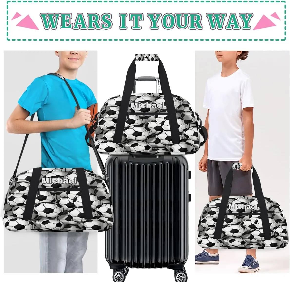 Custom Gym Bag Ball for Kids Boys, Personalized Sports Gym Bag for Teens Men Waterproof Weekender Carry Practice Travel Player Training Bag, Soccer Football Pattern Black White