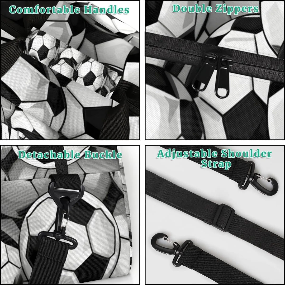 Custom Gym Bag Ball for Kids Boys, Personalized Sports Gym Bag for Teens Men Waterproof Weekender Carry Practice Travel Player Training Bag, Soccer Football Pattern Black White
