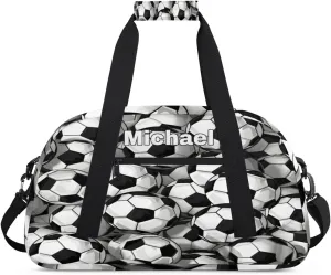 Custom Gym Bag Ball for Kids Boys, Personalized Sports Gym Bag for Teens Men Waterproof Weekender Carry Practice Travel Player Training Bag, Soccer Football Pattern Black White