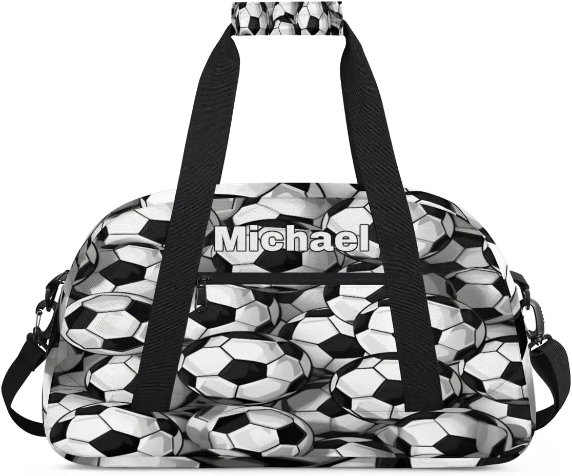 Custom Gym Bag Ball for Kids Boys, Personalized Sports Gym Bag for Teens Men Waterproof Weekender Carry Practice Travel Player Training Bag, Soccer Football Pattern Black White