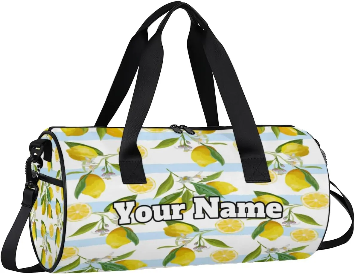 Custom Gym Bag for Women Men with Name, Personalized Cute Lemon Duffel Bag for Sports, Waterproof Dance Bag, Lightweight Carryon Gym Bag, Striped