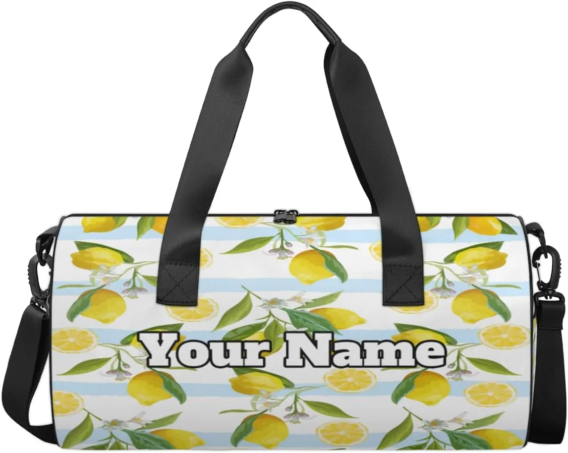Custom Gym Bag for Women Men with Name, Personalized Cute Lemon Duffel Bag for Sports, Waterproof Dance Bag, Lightweight Carryon Gym Bag, Striped