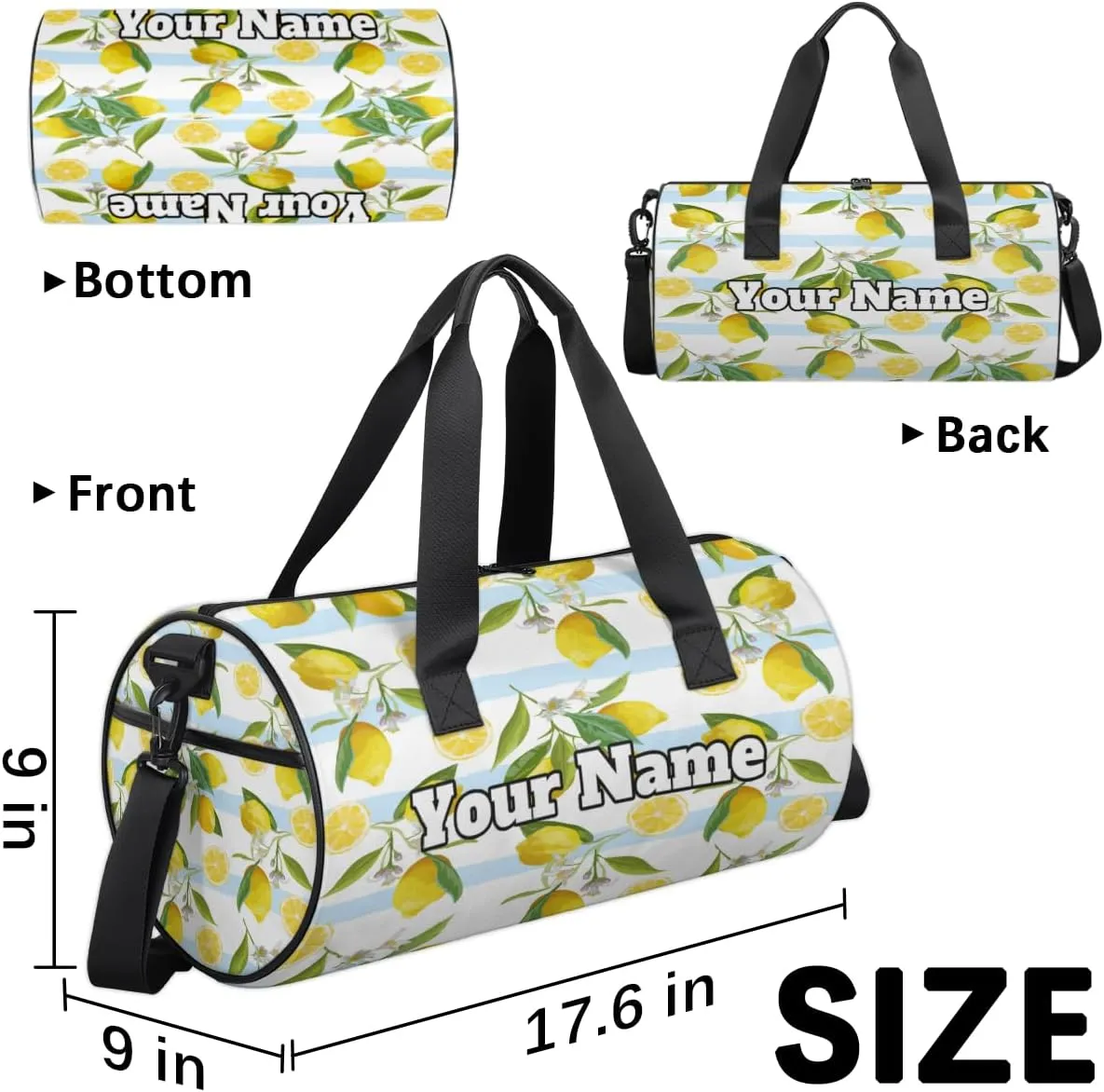 Custom Gym Bag for Women Men with Name, Personalized Cute Lemon Duffel Bag for Sports, Waterproof Dance Bag, Lightweight Carryon Gym Bag, Striped