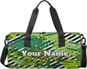 Custom Gym Bag for Women Men with Name, Personalized Palm Leaves Duffel Bag for Sports, Waterproof Dance Bag, Lightweight Carryon Gym Bag, Striped