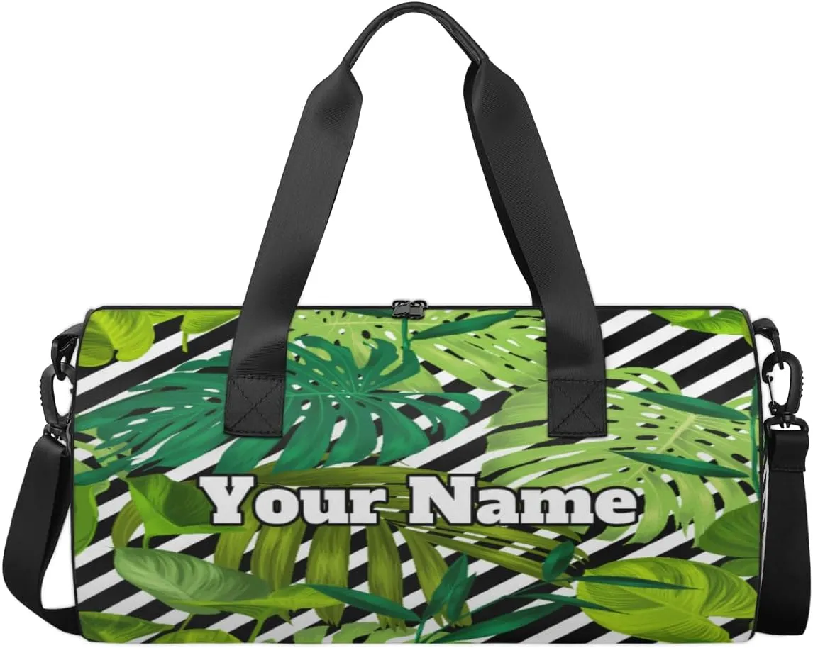 Custom Gym Bag for Women Men with Name, Personalized Palm Leaves Duffel Bag for Sports, Waterproof Dance Bag, Lightweight Carryon Gym Bag, Striped