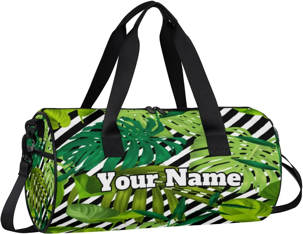 Custom Gym Bag for Women Men with Name, Personalized Palm Leaves Duffel Bag for Sports, Waterproof Dance Bag, Lightweight Carryon Gym Bag, Striped
