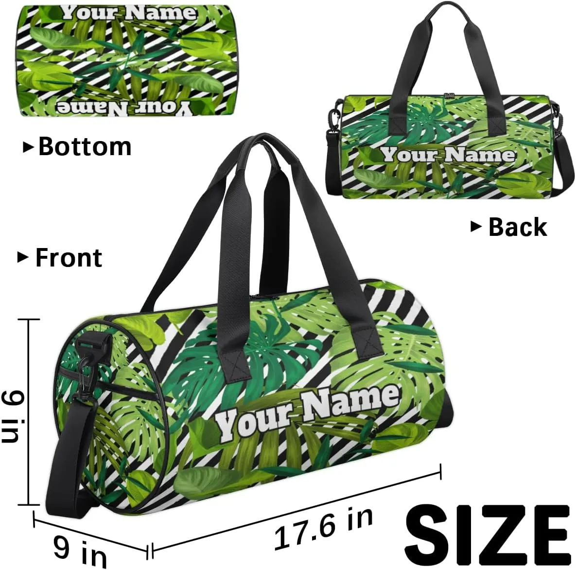 Custom Gym Bag for Women Men with Name, Personalized Palm Leaves Duffel Bag for Sports, Waterproof Dance Bag, Lightweight Carryon Gym Bag, Striped