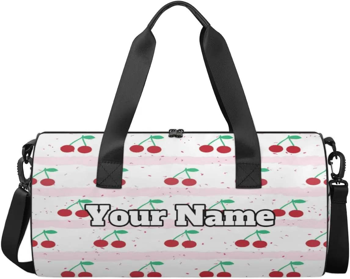 Custom Gym Bag for Women Men with Name, Personalized Red Cherry Duffel Bag for Sports, Waterproof Dance Bag, Lightweight Carryon Gym Bag, Striped