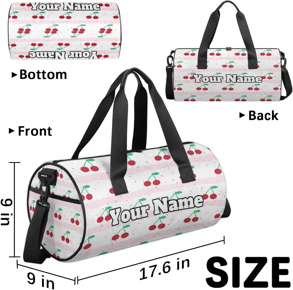 Custom Gym Bag for Women Men with Name, Personalized Red Cherry Duffel Bag for Sports, Waterproof Dance Bag, Lightweight Carryon Gym Bag, Striped