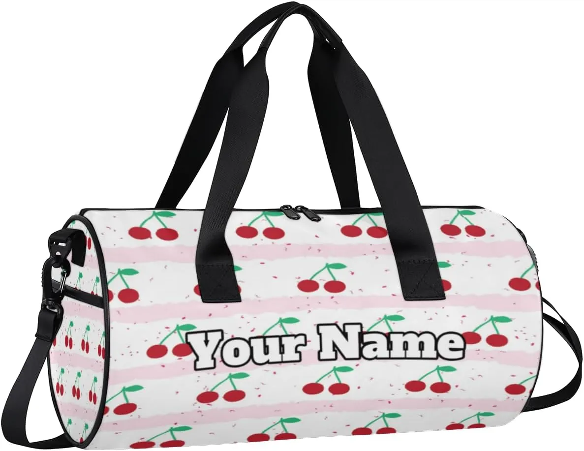 Custom Gym Bag for Women Men with Name, Personalized Red Cherry Duffel Bag for Sports, Waterproof Dance Bag, Lightweight Carryon Gym Bag, Striped