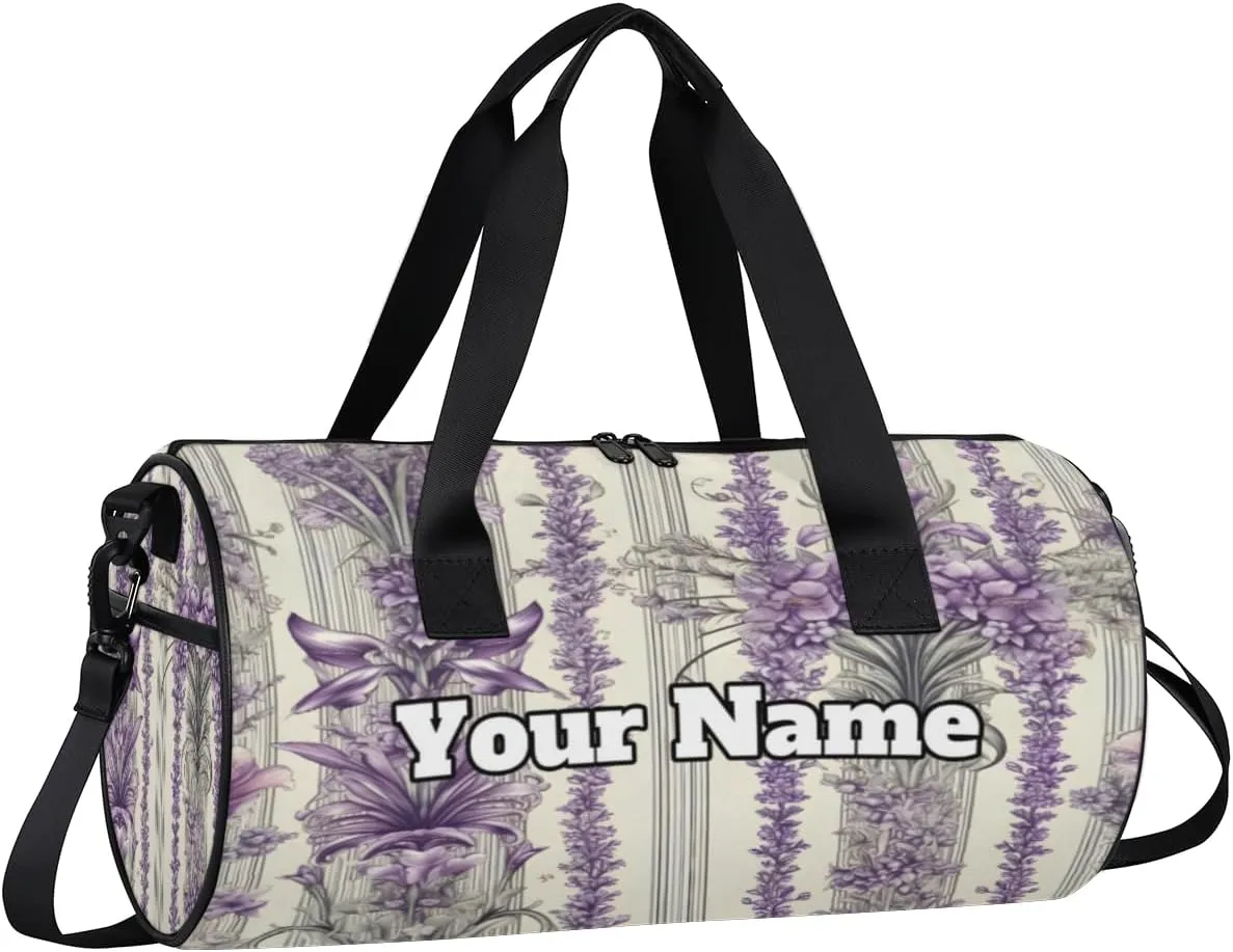 Custom Gym Bag for Women Men with Name, Personalized Striped Print Duffel Bag for Sports, Waterproof Dance Bag, Lightweight Carryon Gym Bag, Lavender