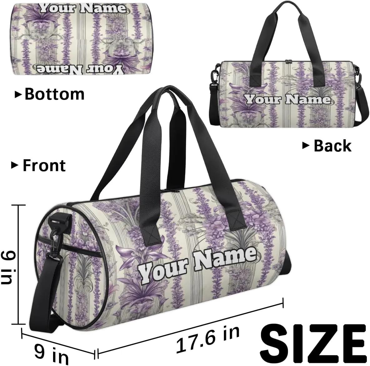 Custom Gym Bag for Women Men with Name, Personalized Striped Print Duffel Bag for Sports, Waterproof Dance Bag, Lightweight Carryon Gym Bag, Lavender