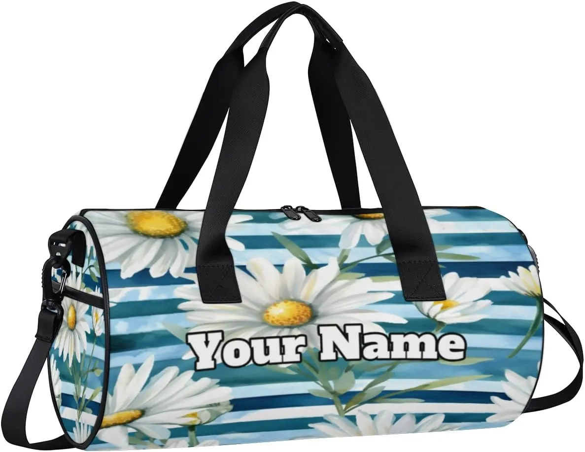 Custom Gym Bag for Women Men with Name, Personalized Summer Daisy Duffel Bag for Sports, Waterproof Dance Bag, Lightweight Carryon Gym Bag, Striped