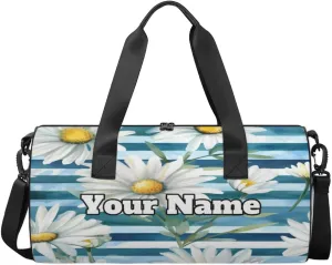 Custom Gym Bag for Women Men with Name, Personalized Summer Daisy Duffel Bag for Sports, Waterproof Dance Bag, Lightweight Carryon Gym Bag, Striped