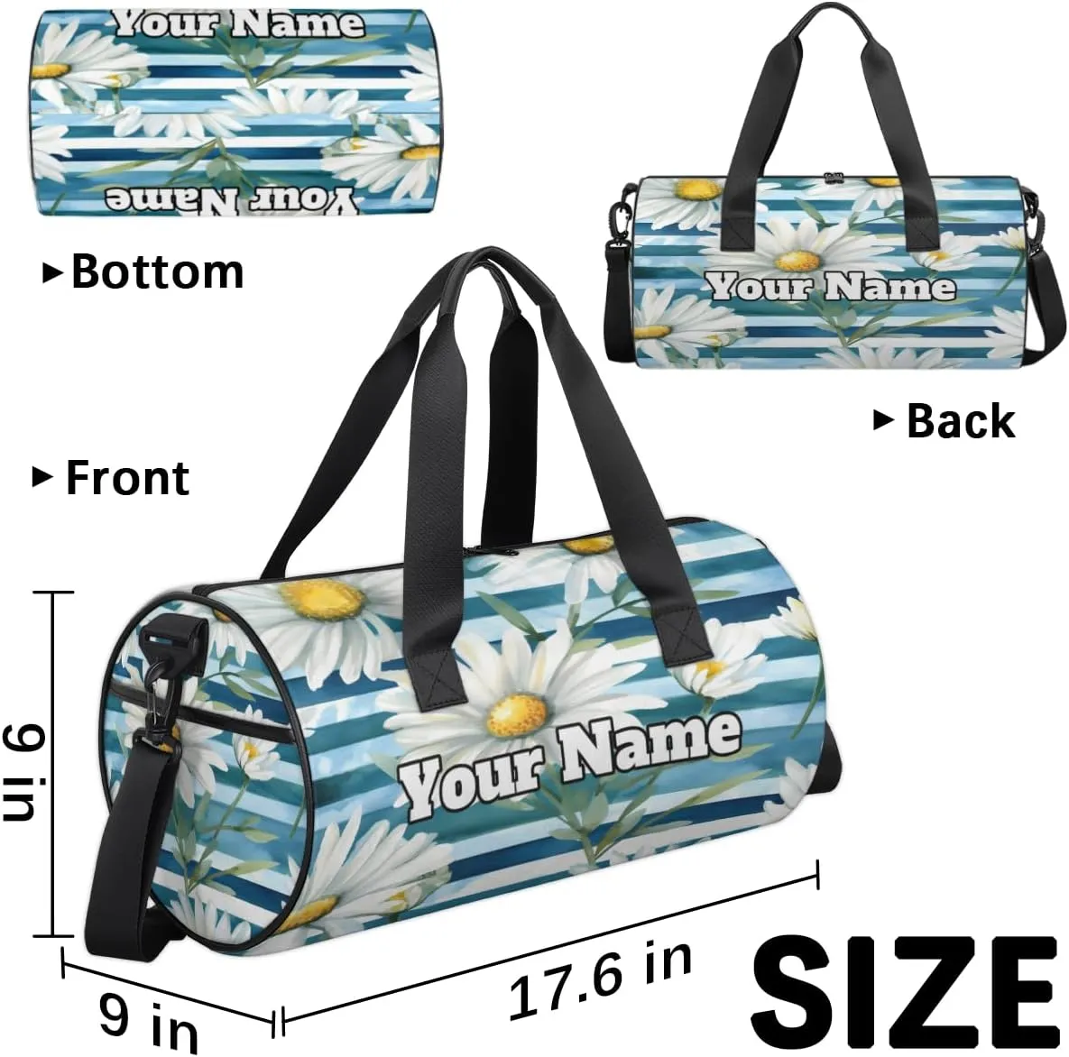 Custom Gym Bag for Women Men with Name, Personalized Summer Daisy Duffel Bag for Sports, Waterproof Dance Bag, Lightweight Carryon Gym Bag, Striped