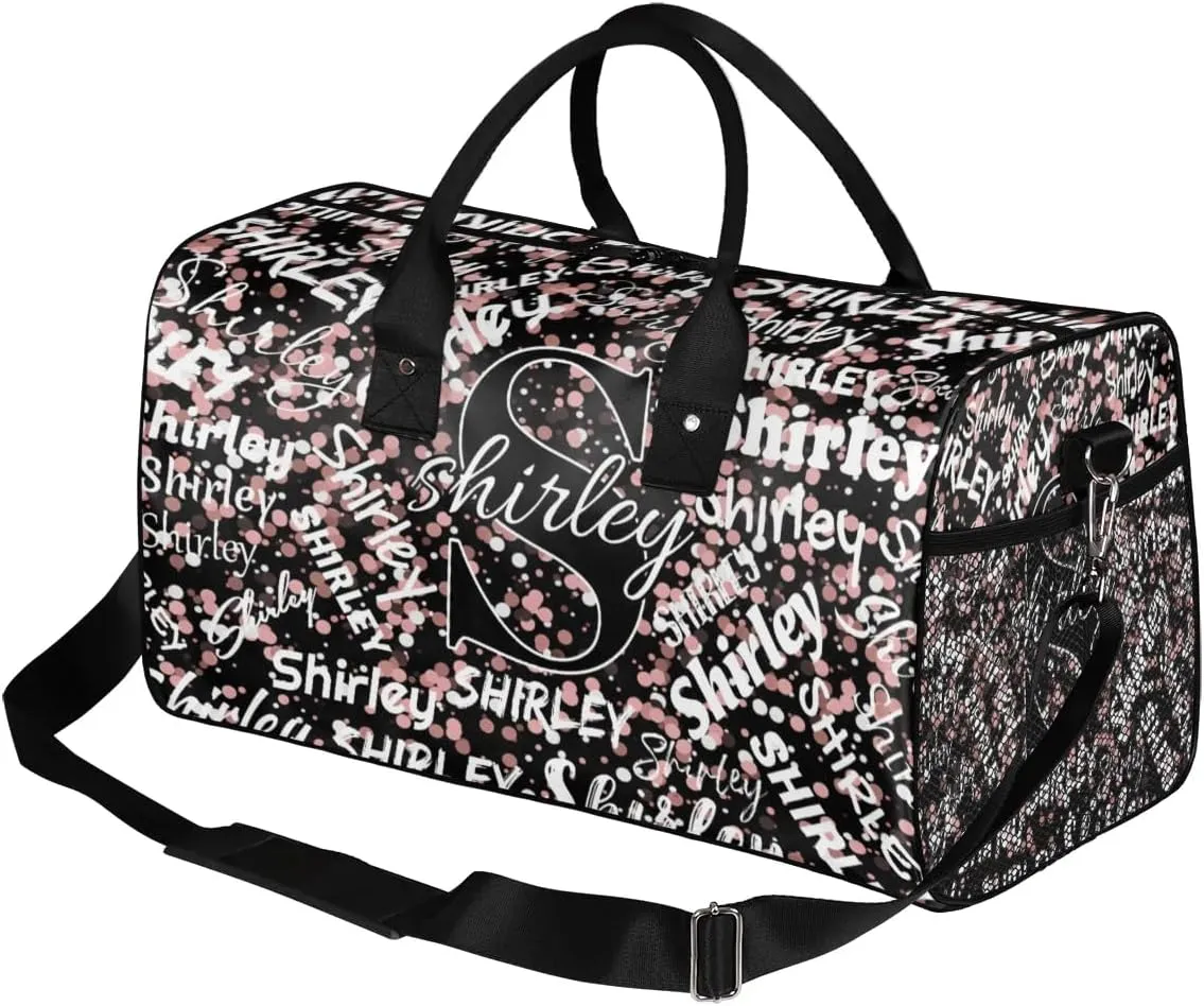 Custom Gym Bag Sports Bag, Personalized Name Duffel Bag Travel Weekender Bags Waterproof Overnight Carry on Bag with Name, Black Pinks Glitter